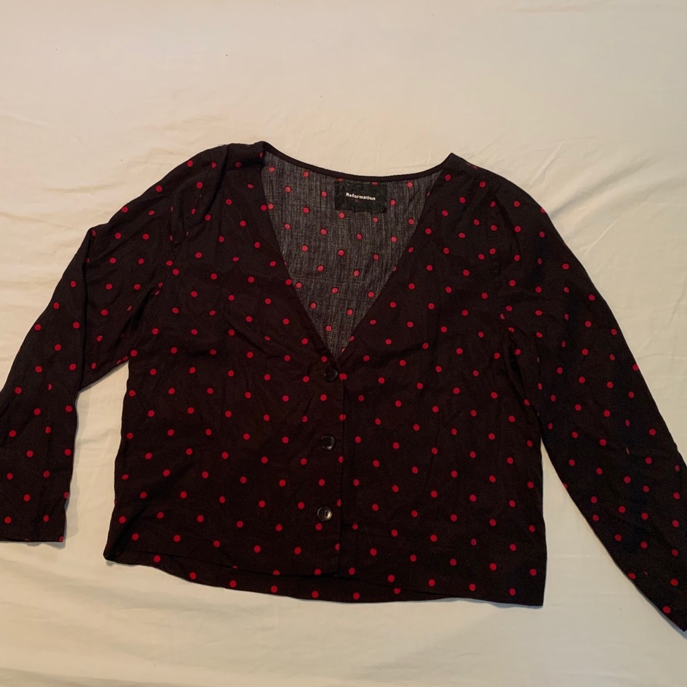 REFORMATION Black/Red Polka Dot Button Up Blouse